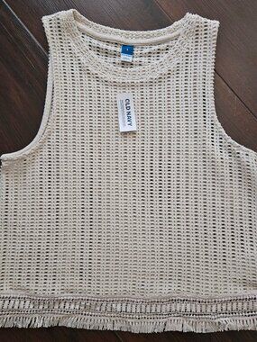 NWT Old Navy Tank Top Womens Small Cream Crochet Fringe Hem Sleeveless Boho Knit